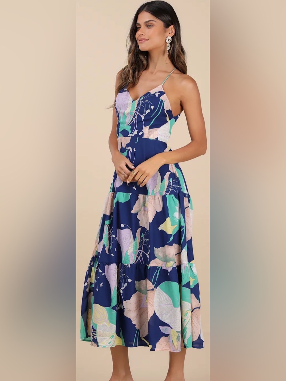 Lulus- Hours of Flowers Blue Multi Floral Lace-Up Tiered Midi Dress- M